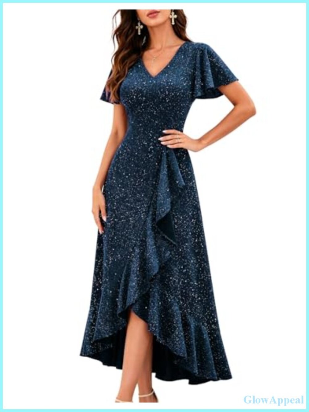 Long Sequin V Neck Flutter Sleeve Maxi Formal Dress Cocktail Gown Party